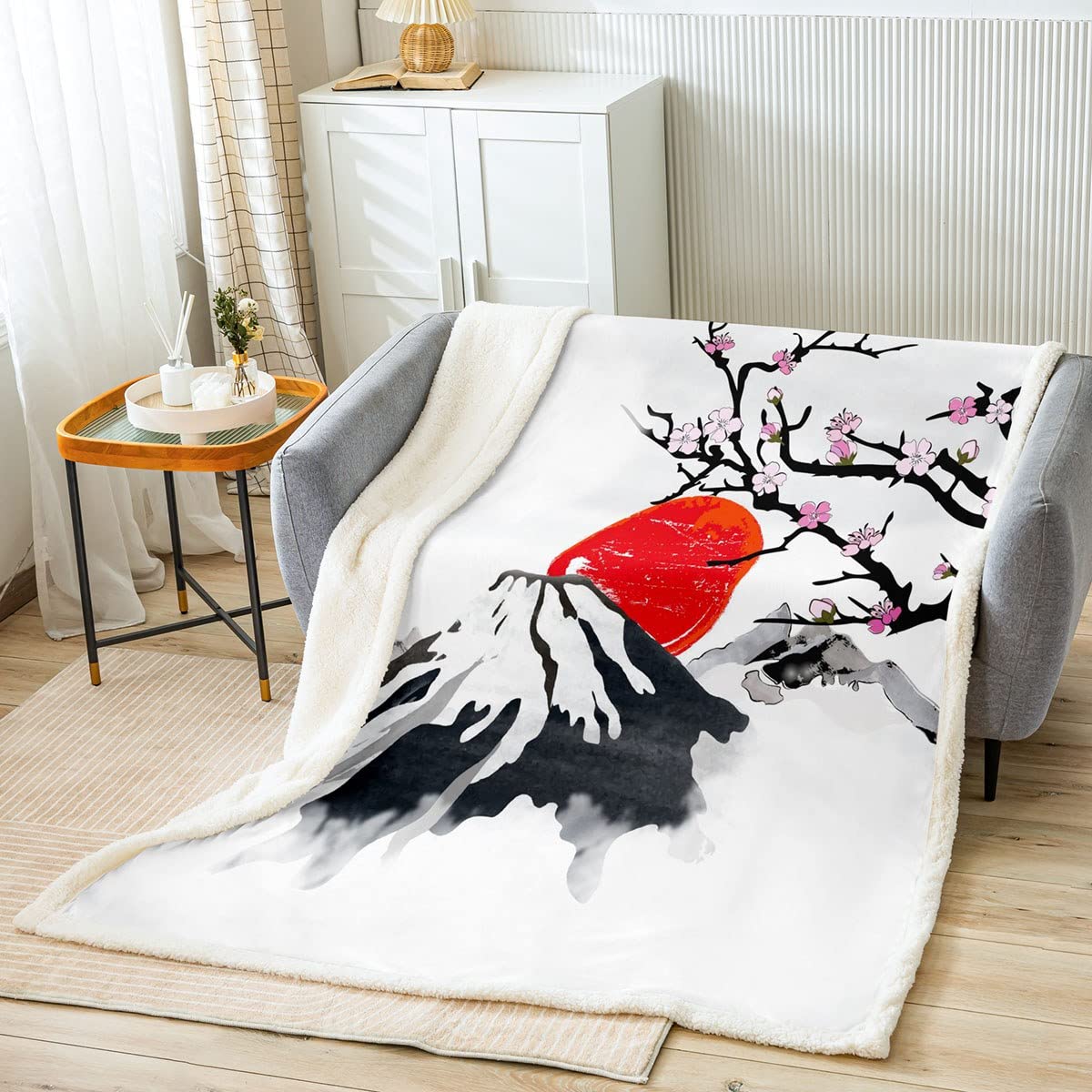Homemissing Japanese Fleece Throw Blanket Cherry Blossoms Sherpa Blanket For Kids Boys Girls Sakura Tree Flowers Spring Fuzzy For Sofa Bed Fuji Mountain Sun,Baby 30x40 Inch