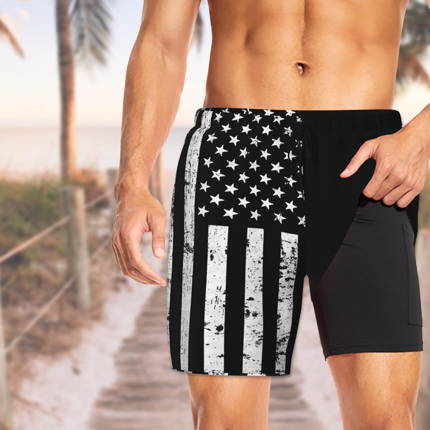 2 in 1 Mens Swim Trunks with Compression Liner American USA Flag Quick Dry Party Beach Shorts with Zipper Pockets - Image 2