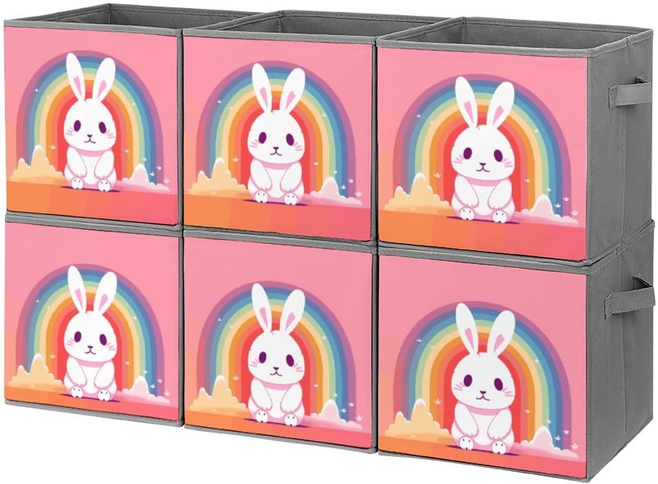 Rabbit And Rainbow Storage Cubes Set of 6 Storage Bins with Handles Collapsible Storage Basket Fabric Storage Box for Shelves Large Closet Shelf Organizer for Organization 11 Inch