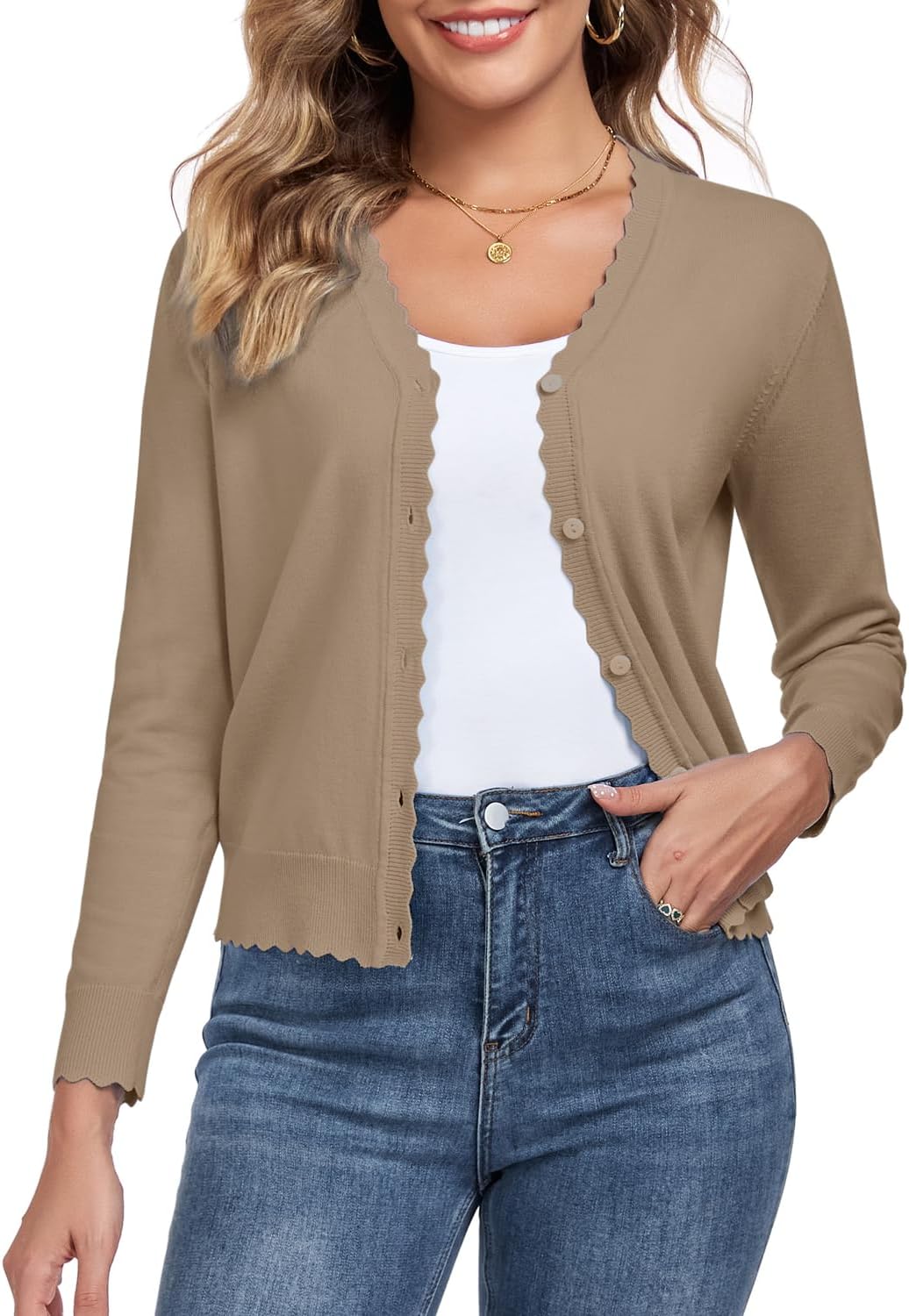 Womens Long Sleeve V-Neck Button Down Cardigan Knit Shrugs Sweater - Image 2