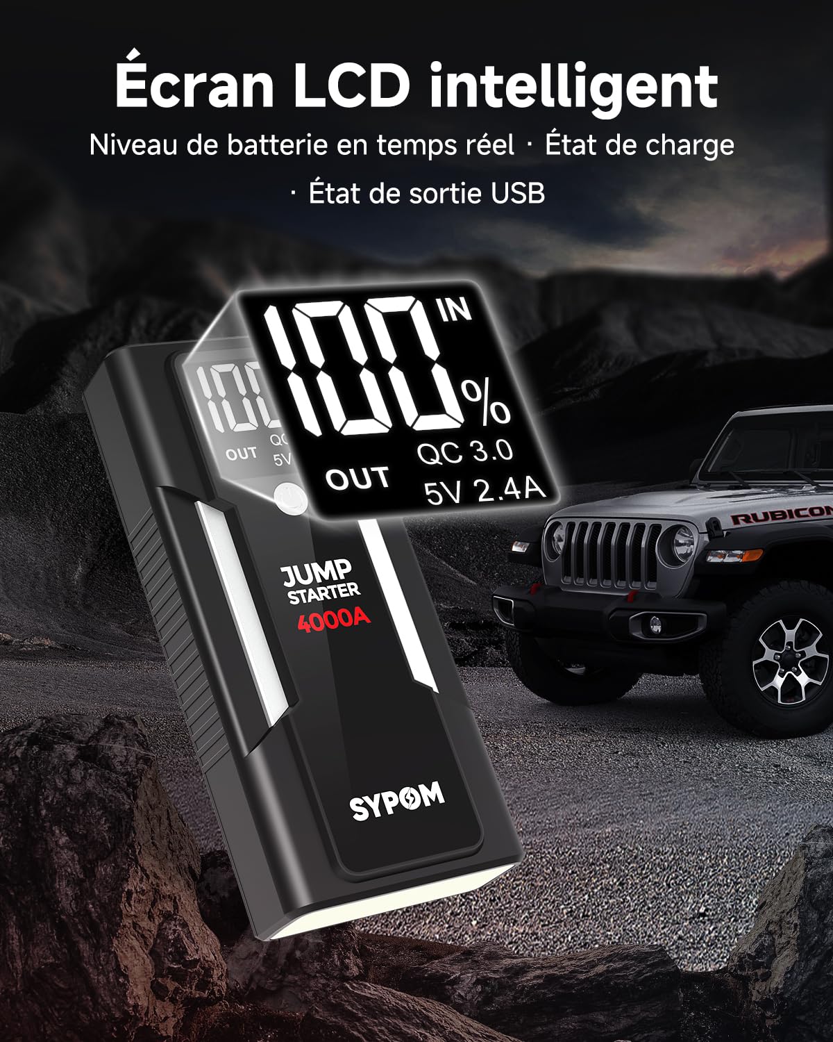 Démarreur de Secours, Batterie de Secours de Pointe 4 000 A (pour Tous Les véhicules à Essence ou Diesel jusqu'à 10 L), Batterie de démarrage Portable avec démarrage Intelligent étendu