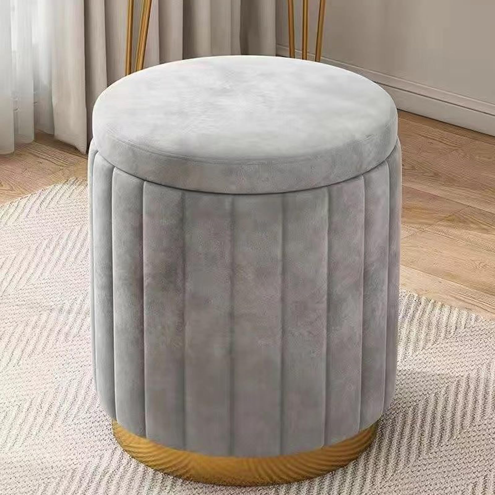 Pouf de rangement rond et assise velours pour coin coiffeuse