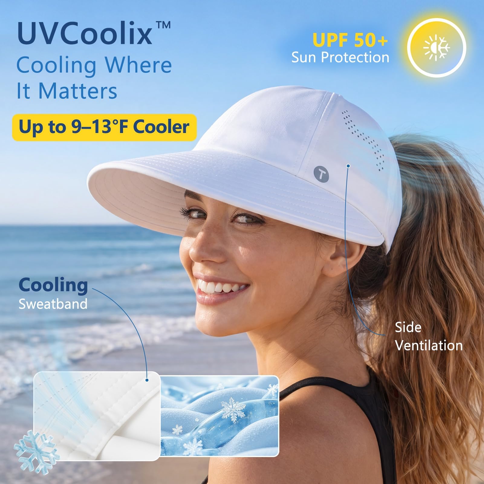 TOP-EX ChicPony™ Chapeau de soleil rafraîchissant pour femme UV 50 à large bord respirant et pliable pour la plage