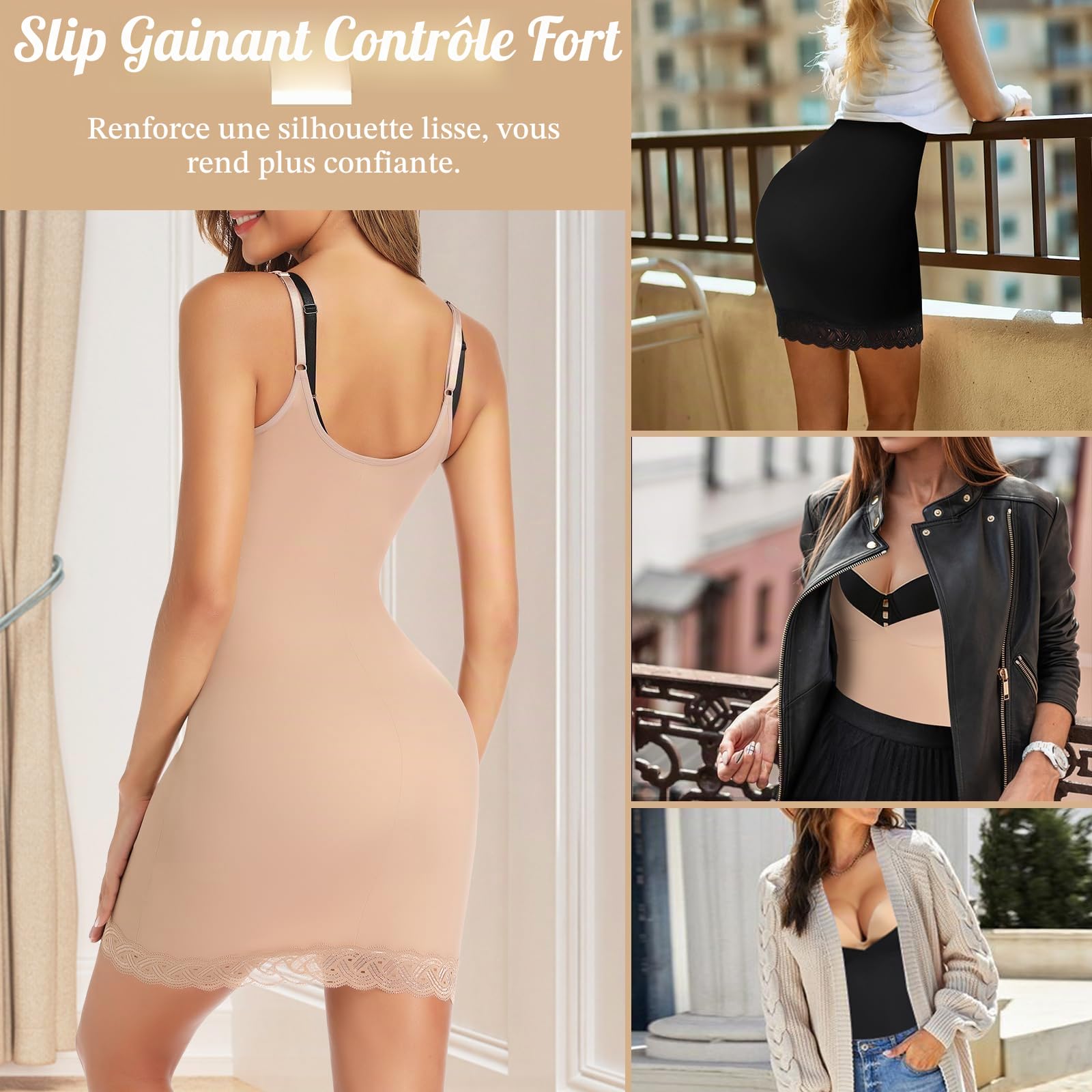 Joyshaper Robe Femme Robe Moulante Sculptante Longue Slip Gainante Ventre Jupon Plat Invisible sous-Vêtement