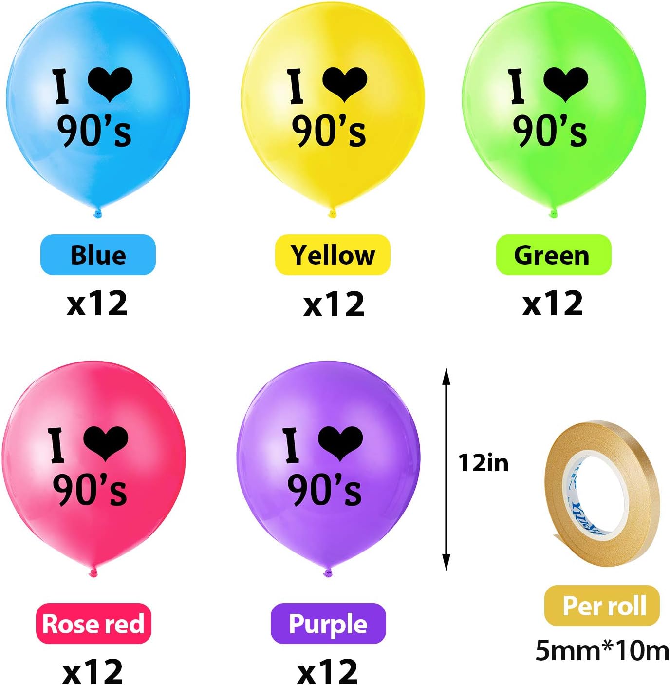90s Themed Party Set, Include 60 Pieces I Love 90s Latex Balloons and 2 Rolls Balloon Ribbons for 90s Themed Birthday Party Throwback Party Decorations