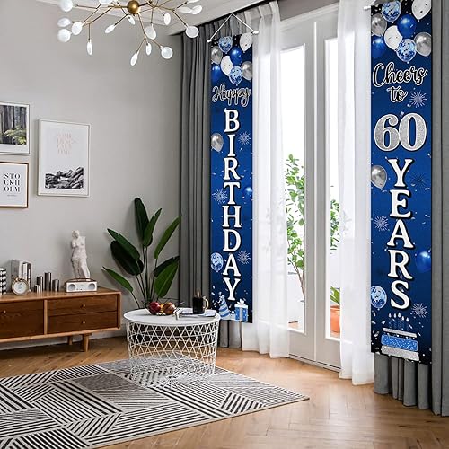 Miniatura 4 de Decoraciones de feliz cumpleaños 60, globo azul y plateado para colgar en la puerta, cartel colgante de cumpleaños de 60 años, suministros para