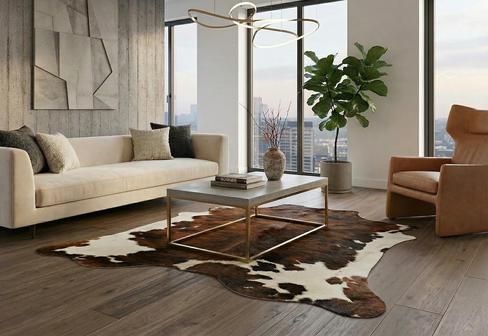 generisch Echtes Kuhfell Teppich – Rinderfell Tricolor Braun Weiß – Premium Qualität – Weich, Naturbelassen & Geruchsarm – ca. 220 x 200 cm – Dekofell für Wohnzimmer & Büro
