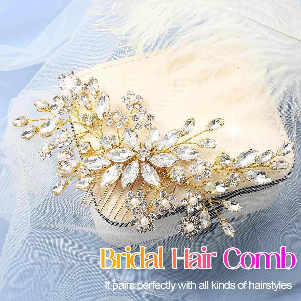 CASDRE Crystal Wedding Hair Comb Silver Rhinestone Bridal Hair Accessories Pearl Hair Pieces for Women and Brides (Gold) - Image 2