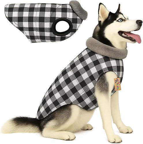 Western Era Dog Winter Fur Coat Black Check | Fur-Lined Jacket for Cold Weather Soft Collar | Windproof Outfit for Walks & Travel | Dog Sweater | Easy to Wear & Washable (3XLarge - 24inch)