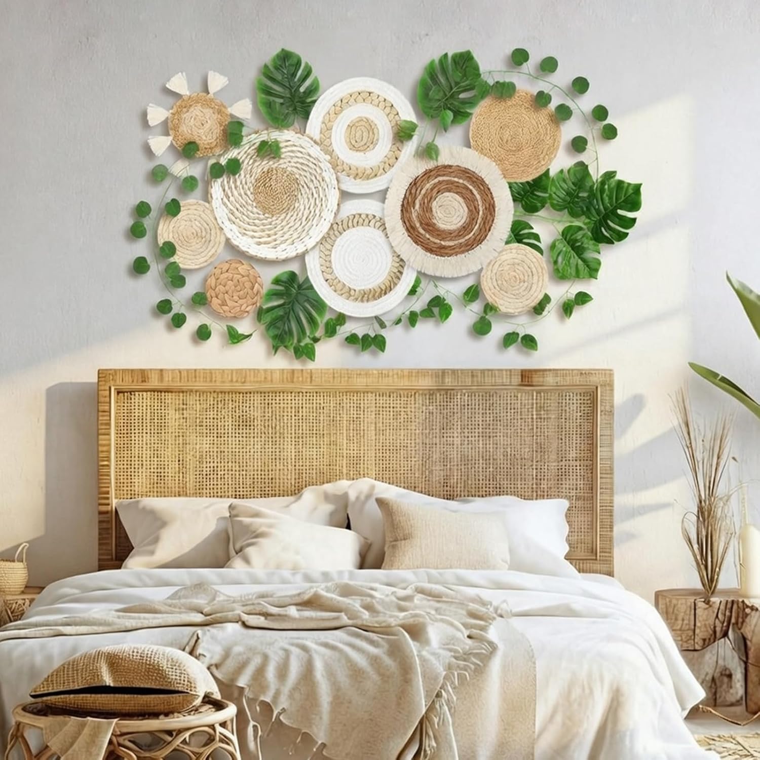 Xuhal 15 Pack Boho Wall Basket Set Artificial Plants Handmade Hanging Woven Baskets Wall Decor Fake Monstera Leaves Vines Seagrass Rattan Wicker Boho Decor Art for Farmhouse Kitchen Room Bedroom
