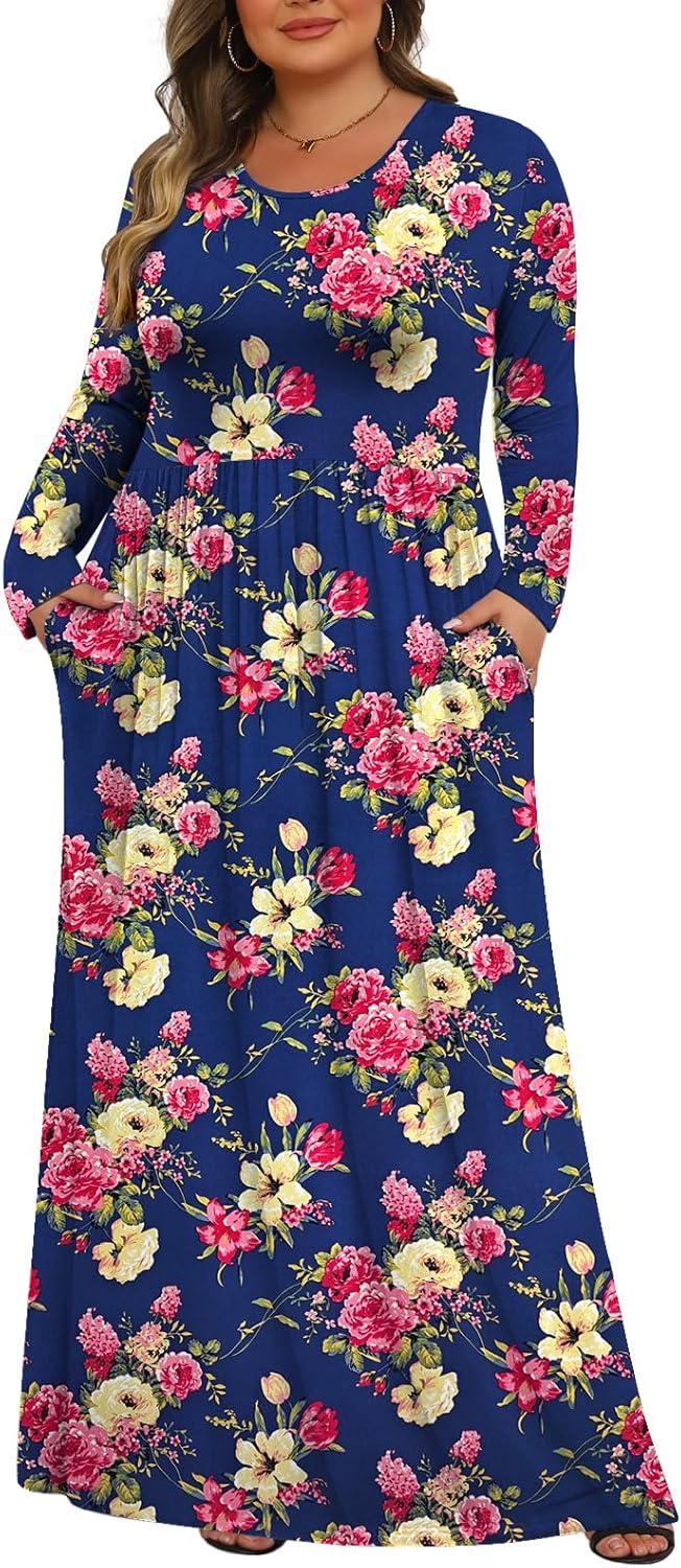 Tencede Womens Plus Size Maxi Dresses Long Sleeve with Pockets Casual Long Dress 1X-5X