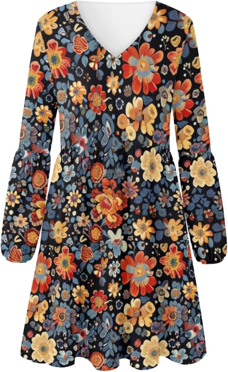 Long Sleeve Dress for Women Floral V Neck Lantern Sleeve Fashion Tunic Dress Knee Length Casual Swing Shift Dress - Image 4