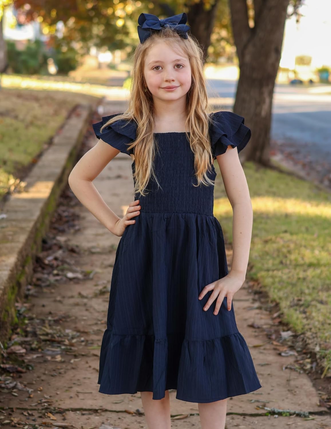 Arshiner Girls Dresses Double Pleated Sleeve Square Neck Off Shoulder with Pockets Tween Sundress Size 5-16