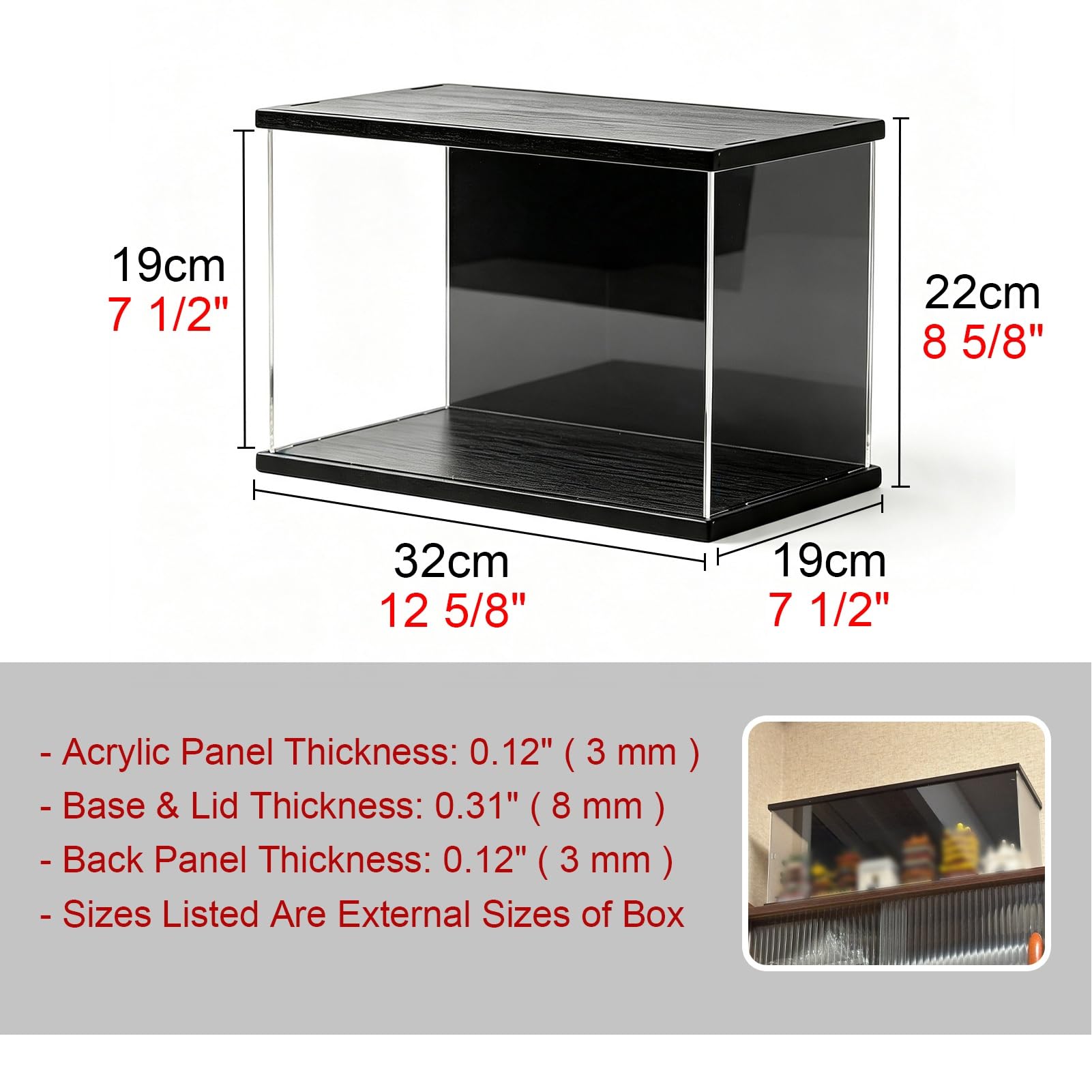 Teca Plexiglass Luce a LED, Scatola in Acrilico con Retro Nero, Vetrina | Vetrina Illuminata con Base e Coperchio in Legno, Organizer con Anta Scorrevole per Statuette con Testa Oscillante