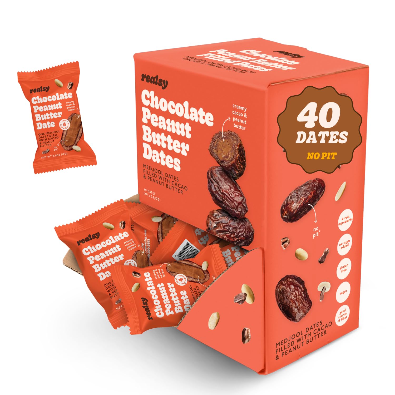 Realsy Stuffed Medjool Dates, Organic Dates with No Sugar Added, Gluten-Free, Vegan, All Natural Healthy Snack, Single Wrapped (40 ct) (Chocolate Peanut Butter)
