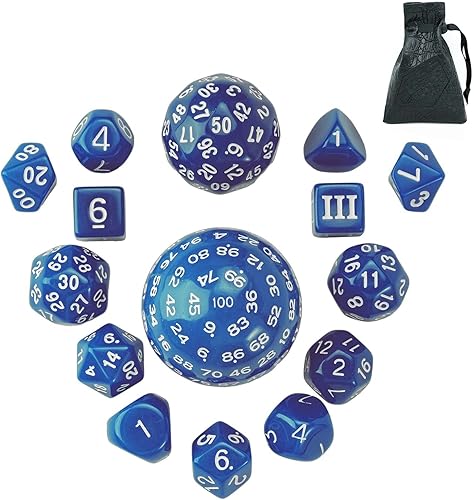 Vista 60 de Juego completo de 15 dados poliédricos DND D3-D100 con bolsa de dados de ojo de dragón, dados D100 para Calabozos y Dragones, juegos de mesa RPG