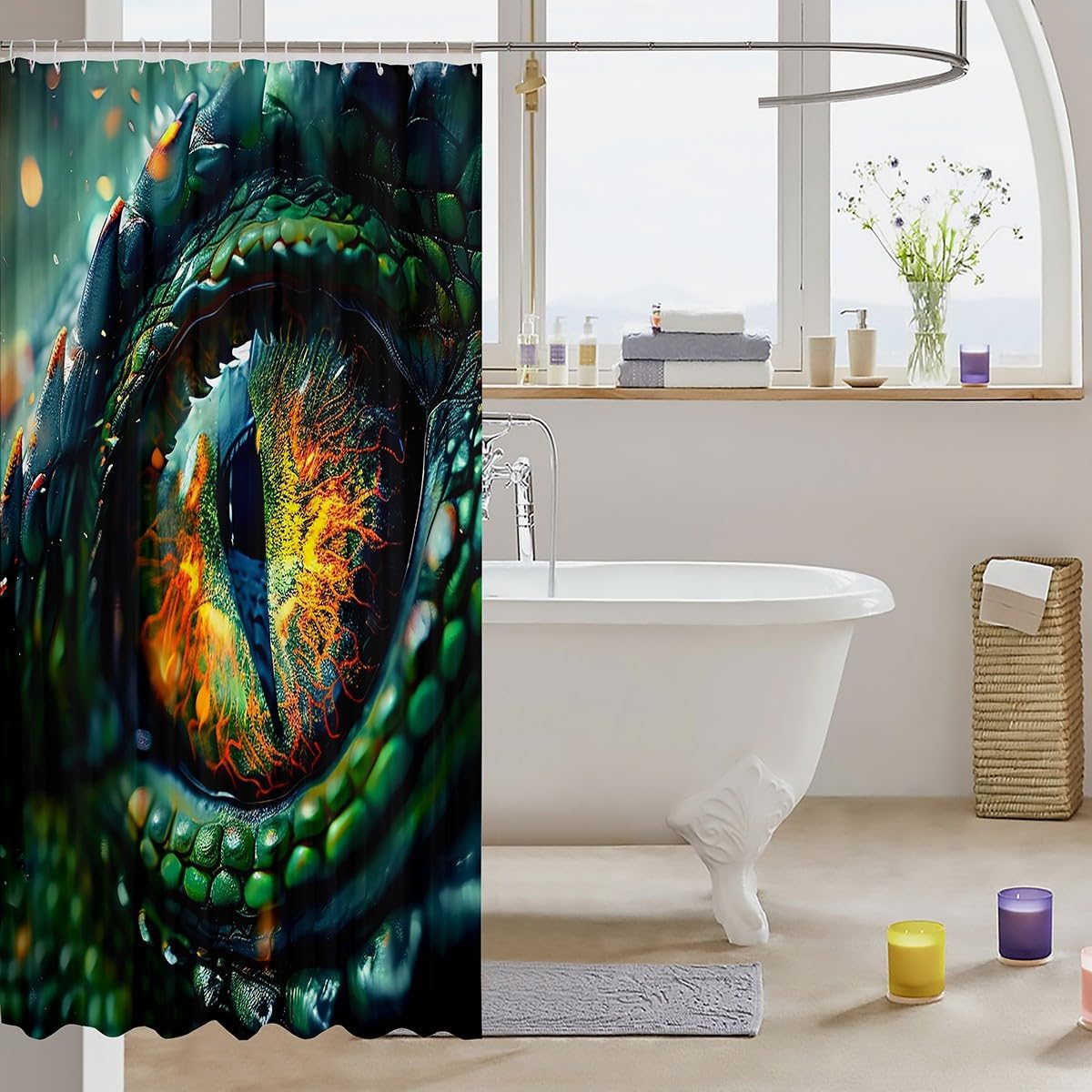 3D Dragon and Eye Shower Curtain,Green Dragon Bathroom Curtain for Kids Boys Teens Men Room Decor,Western Magical Animals Waterproof Curtain Jewel Galaxy Eyes Bath Curtain,12 Hooks,72"Wx84"L
