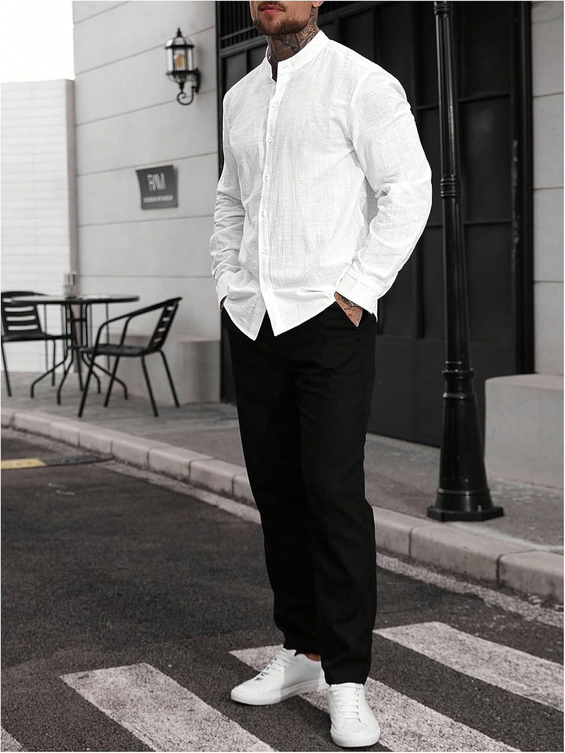 GORGLITTER Men's Casual Long Sleeve Button Up Linen Shirts Summer Banded Collar Party Beach Dress Shirt - Image 5