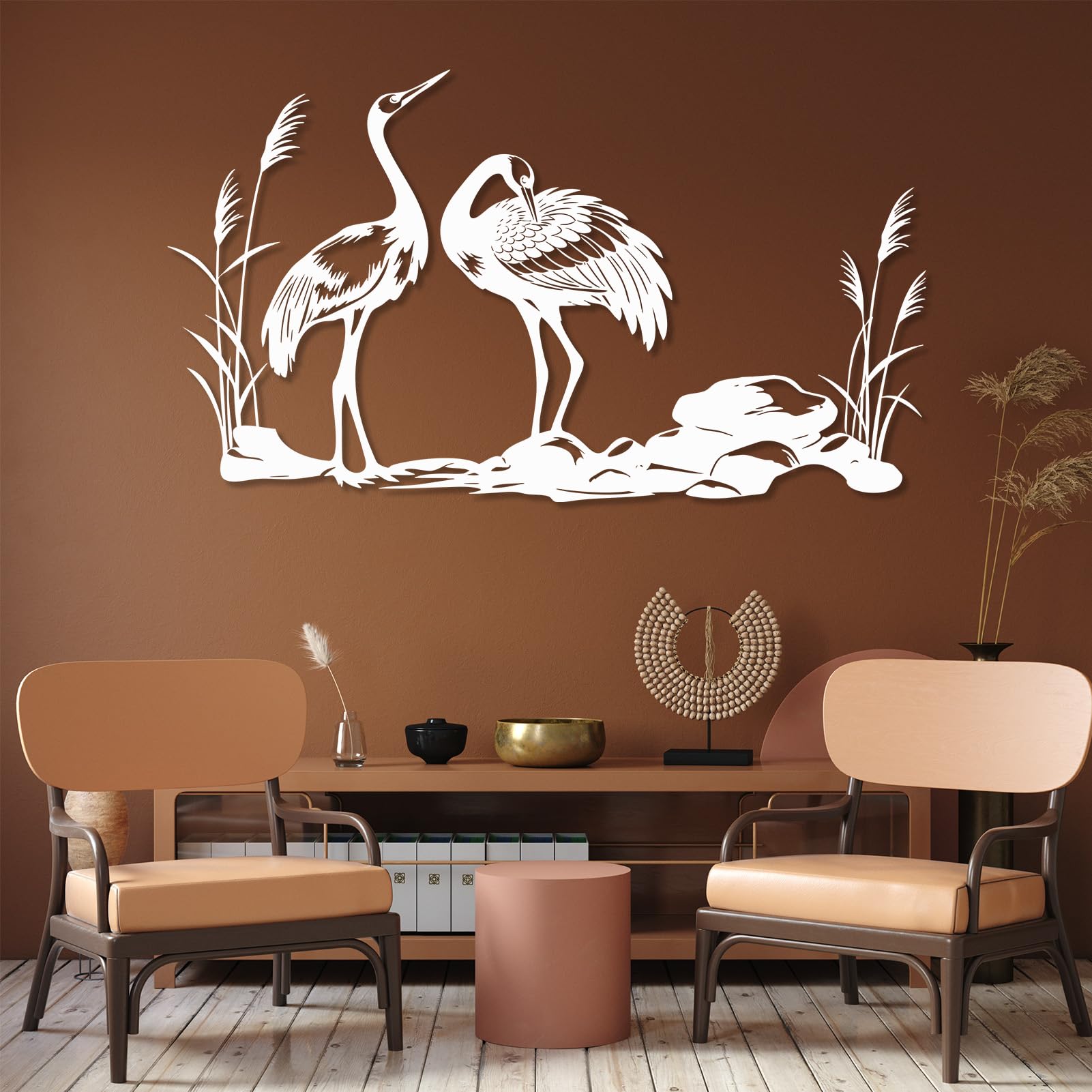 Großes abstraktes Wandbild aus Metall, Kranichmotiv, japanische Kranichdekoration, Wildtiermotiv für Wohnzimmer, Schlafzimmer (Gold, 150 x 86 cm)
