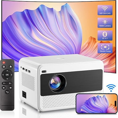Proyector portátil 5G WiFi y Bluetooth 1080P, 16000LM, 50% de zoom, proyector de película al aire libre para teléfonoportátilTV StickDVDUSBHDMI