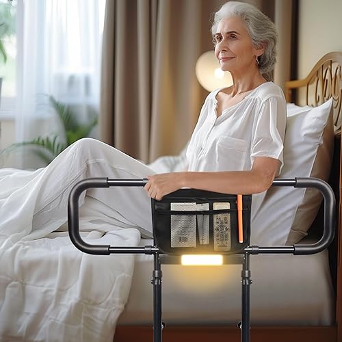 Miniatura 8 de AOHHL Rieles de cama para adultos mayores de seguridad con alturas ajustables, bolsillo de almacenamiento, barandillas laterales de apoyo para Negro