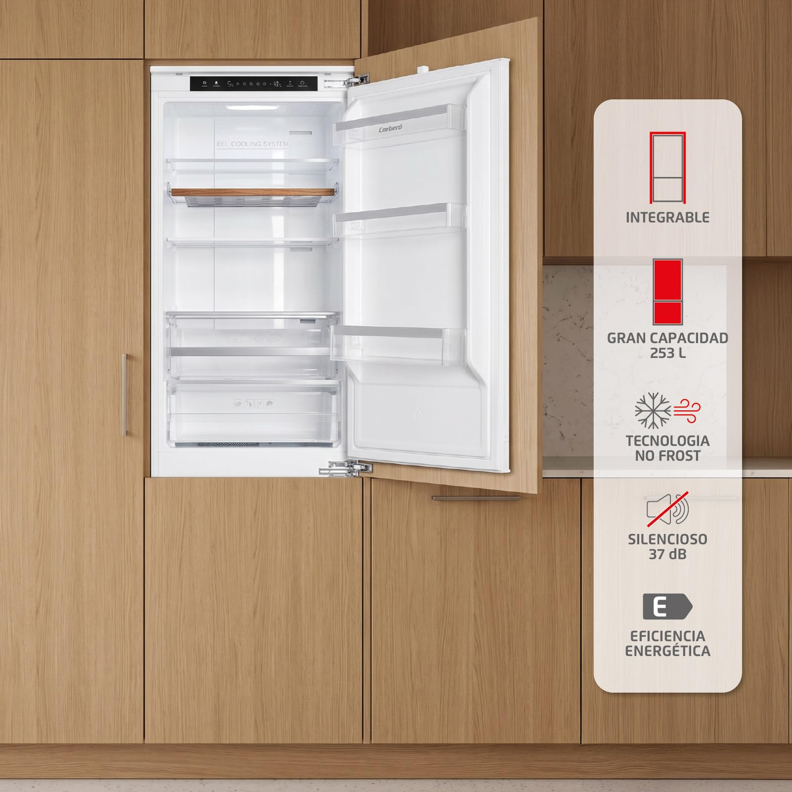 Corberó - Frigorífico Combi | CCH1756NFINT | 253 Litros | 179 cm | No Frost | Display Interior, Fresh Box | Cajón Crisper | Botellero de Madera | Modo Vacaciones | Blanco
