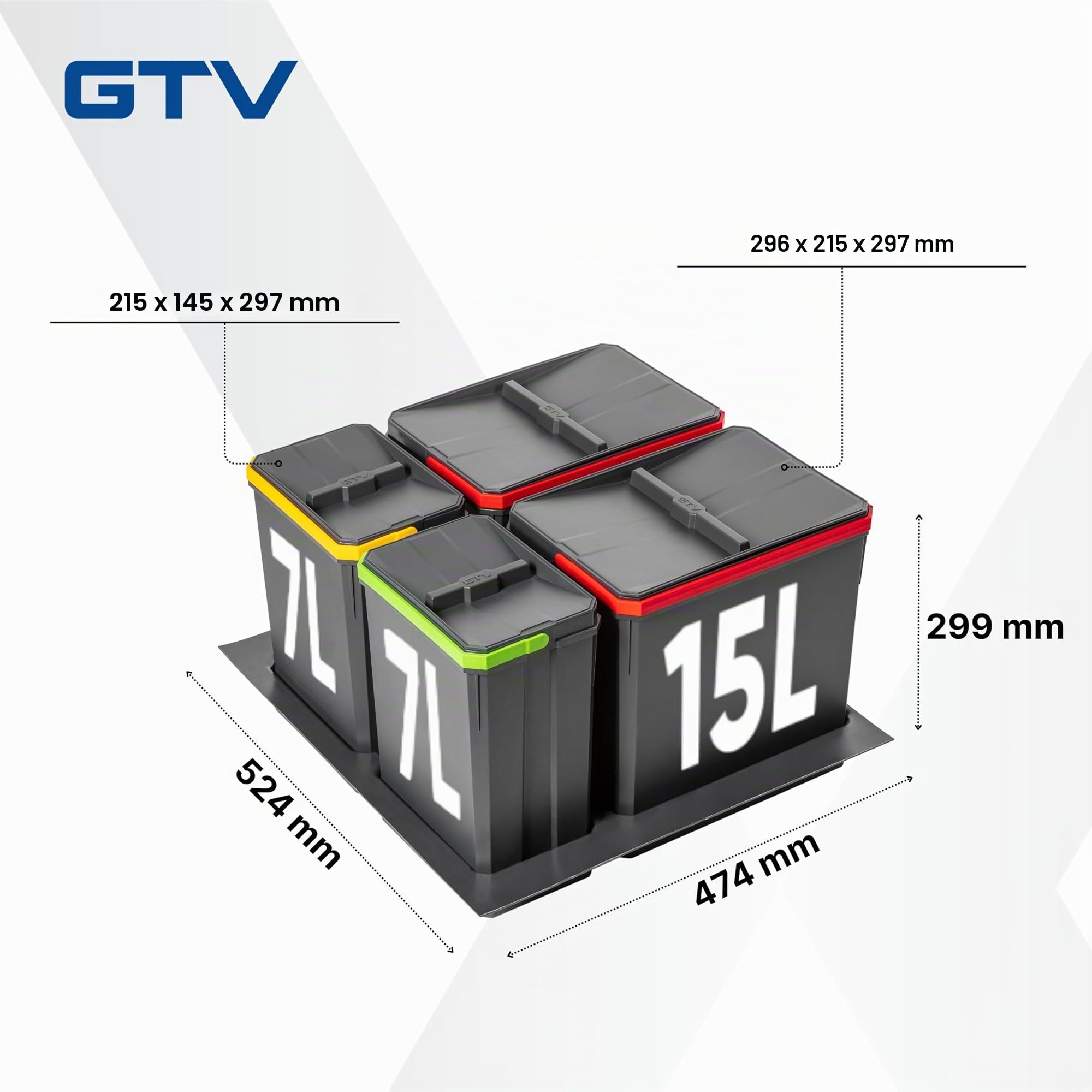 GTV - Juego de cubos de basura AxiSpace para cajones y armarios con ancho de 600 mm, juego compuesto por 2 recipientes de 15 l, 2 x 7 l, cubo de basura de plástico con partículas de grafeno, color