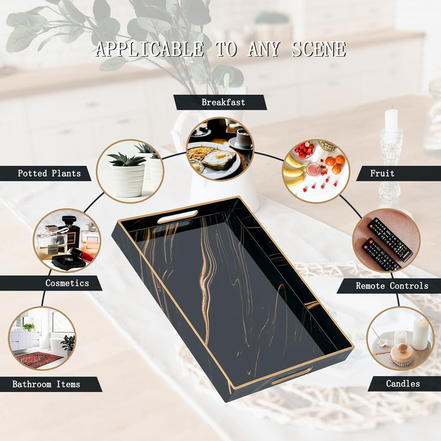 Serving Tray, Modern Plastic Food Trays for Eating on Lap Decor Coffee Tray with Handles Rectangular Non-Slip Candle Plate, 15.7"x11.8"x1.6" Large Drinks Platter for Kitchen/Living Room/Bedroom