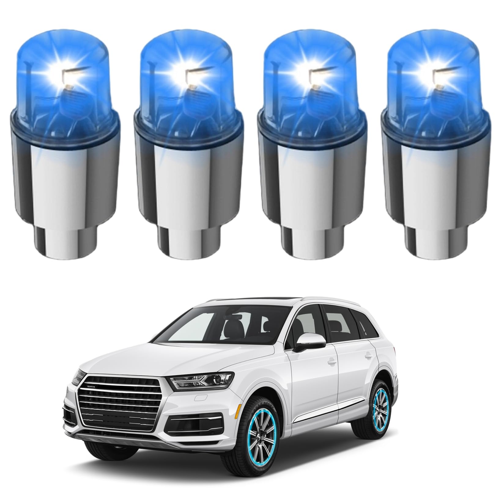 Light for Cars, 4 PCS Wheel Lights Waterproof Decorative LED Alloy LED Tire Valve Stem Cap Light for Cars Truck Motorcycle Accessories, Blue, Wheel Lights