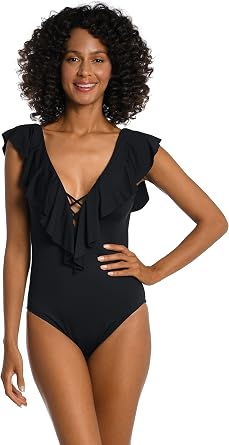 La Blanca Womens Island Goddess Over The Shoulder Ruffle Plunge One Piece