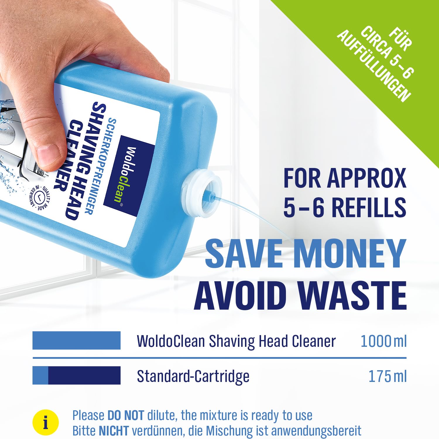 WoldoClean Liquido di Ricarica per Testine 1000ml - Compatibile con Cartucce Braun Clean & Renew, Detergente per Rasoi con Alcol e Profumo di Limone