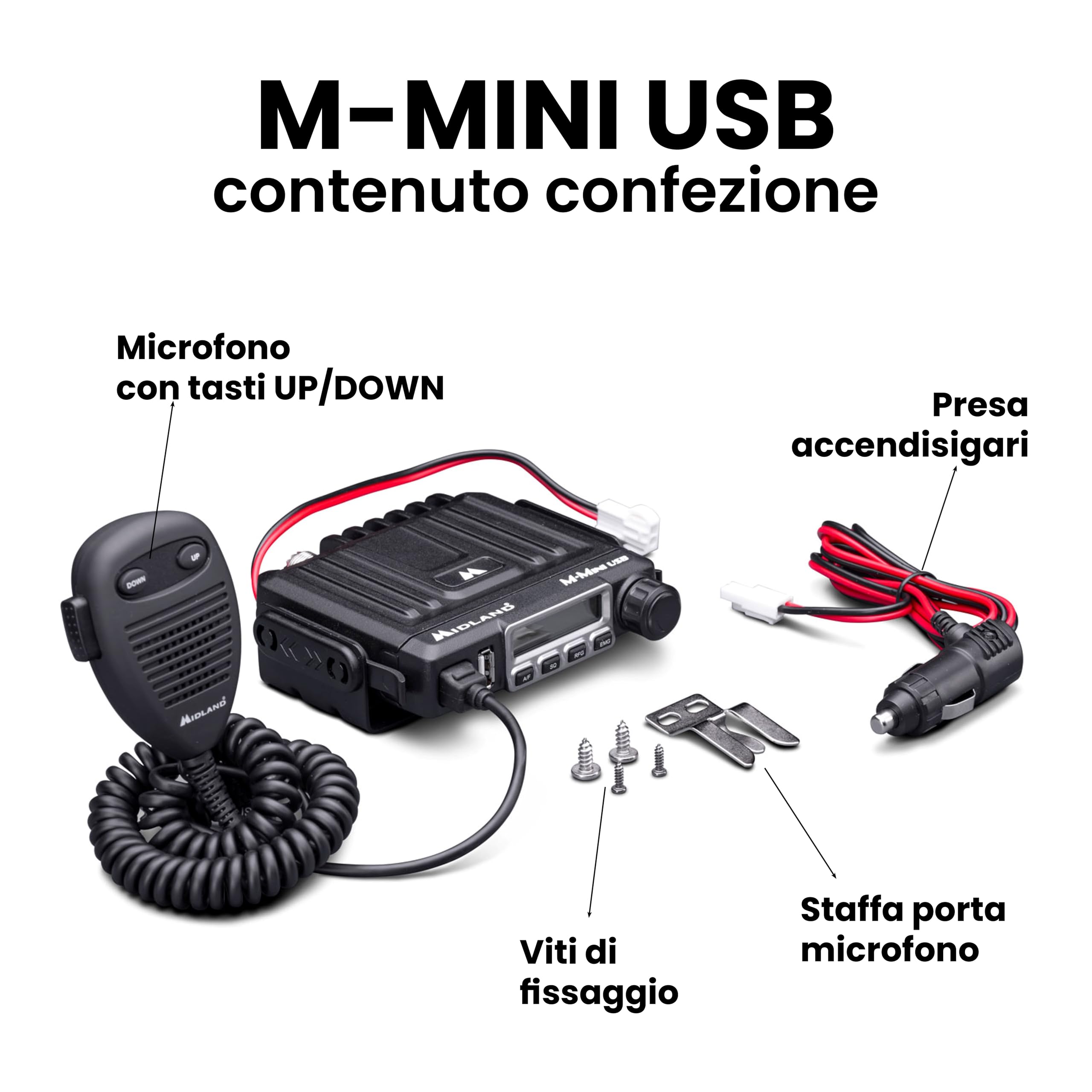 Midland - Radio CB M-MINI USB Senza Licenza, Multi Banda EU, 40 Canali AM/FM, Ricetrasmittenti Professionali Display LCD con S-Meter, 2 Modalità Squelch, Ricarica Rapida Presa USB Altoparlante Esterno