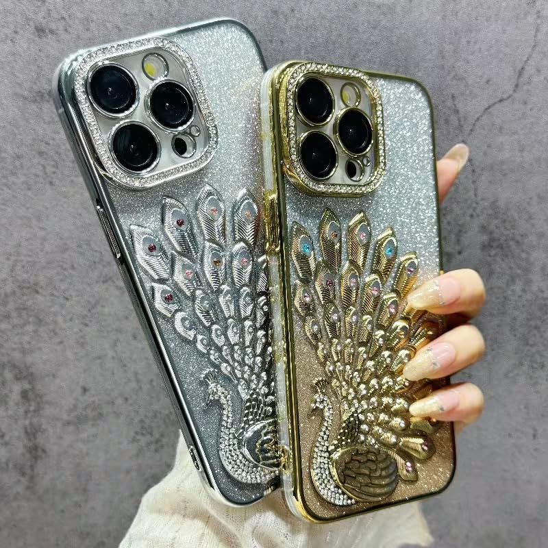 Image of mobistyle Case for iPhone 15 Pro,3D Diamond Luxury Electroplate Glitter Peacock Tail Bling Design Camera Protection Shockproof Phone Case for (Gold, iPhone 15 Pro)