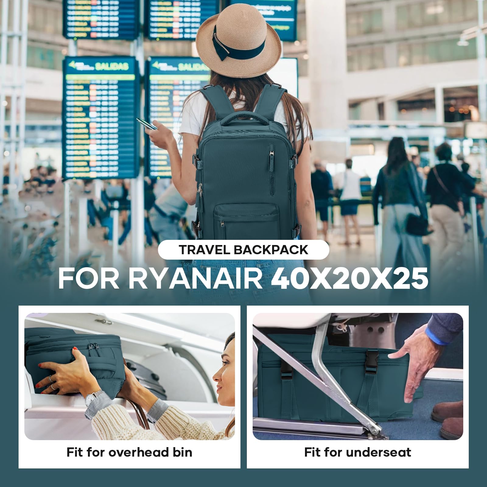 Zaino da Viaggio per Ryanair 40x20x25 Bagaglio a Mano Zaino Borse da Cabina per Ryanair Il Sedile Zaino Aereo Bagaglio a Mano Donna Borsa Cabina Viaggio Zaino Travel Viaggio Casual Daypack,Blu Pavone