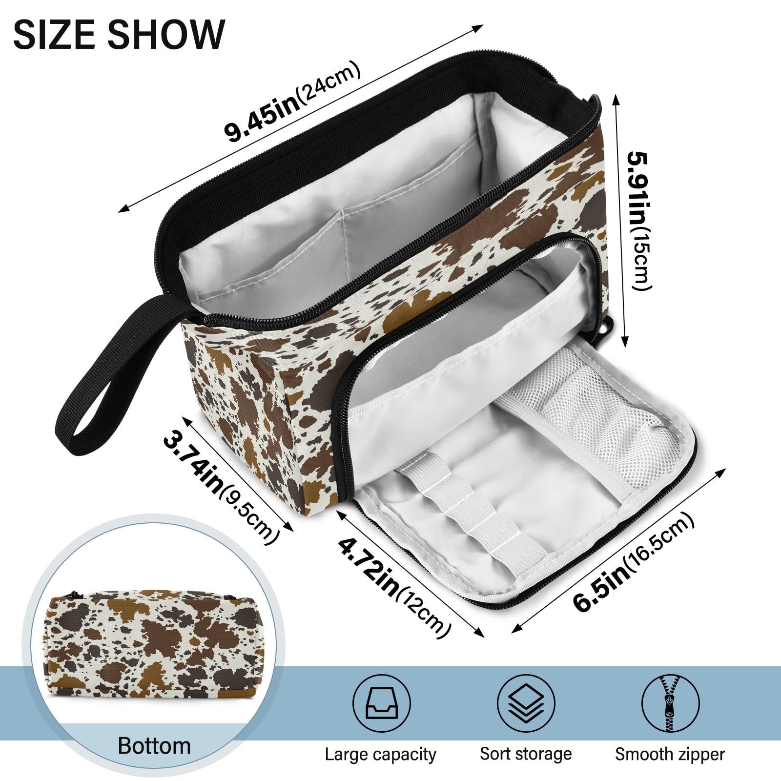 DEHOZO Portable Pencil Case Pen Bag with Zipper, Cow Print Skin Brown Large Pencil Pouch Pen Case Stationery Bag for Office School Student, Multifunctional Pen Box for Girl Boy Men Women