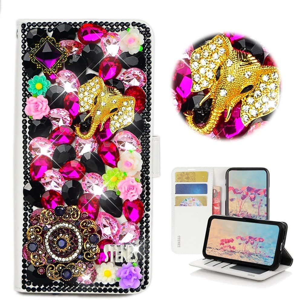 STENES Bling Wallet Phone Case Compatible with Samsung Galaxy Z Fold 5 5G Case - Stylish - 3D Handmade Girls Mirror Peacock Pendant Flower Magnetic Wallet Stand Girls Women Leather Cover - Pink