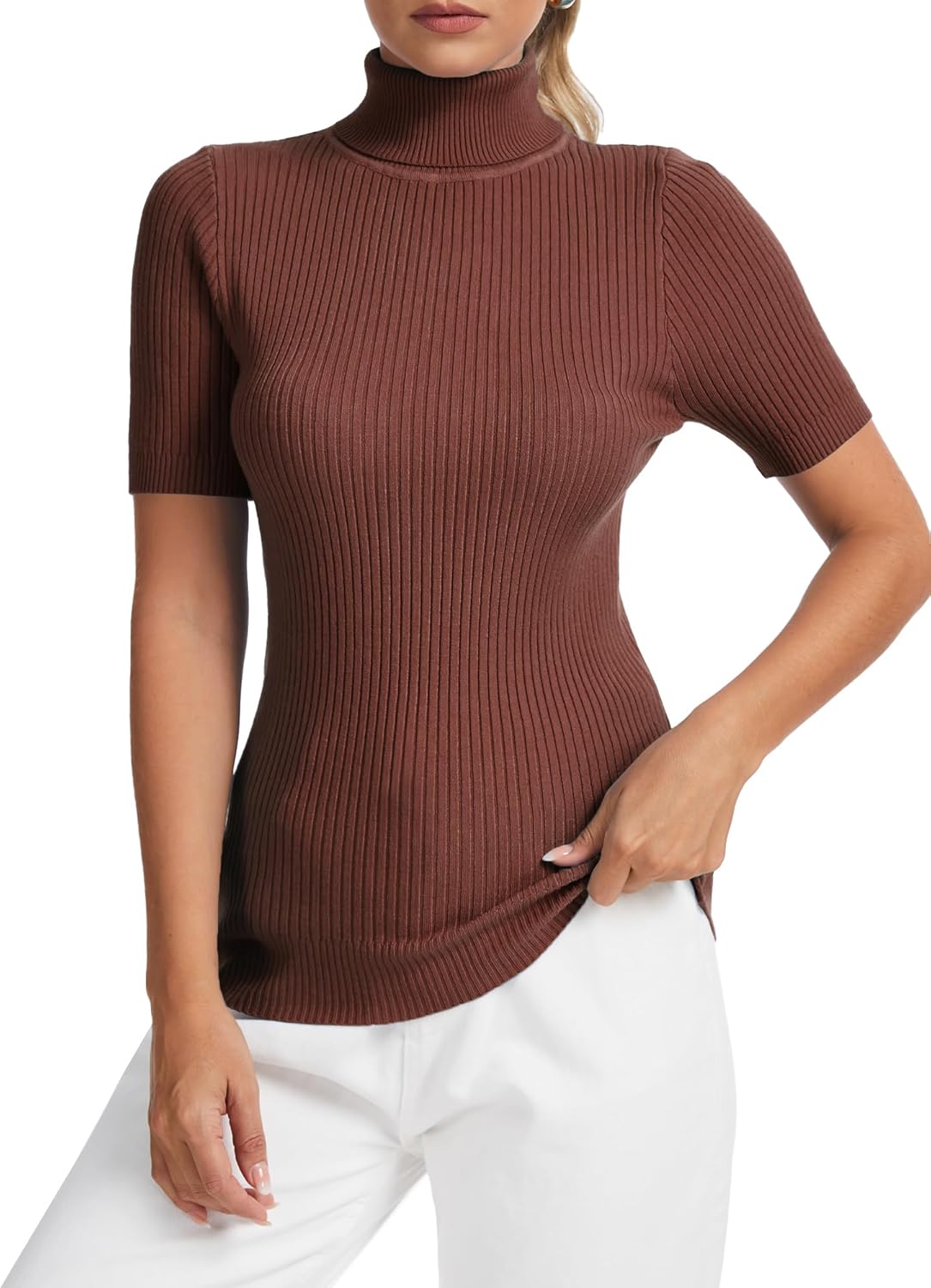 Women's Fall Short Sleeve Sweater Turtleneck Pullover Tops Winter Basic Ribbed Knit Slim Fitted Casual Shirts - Image 2