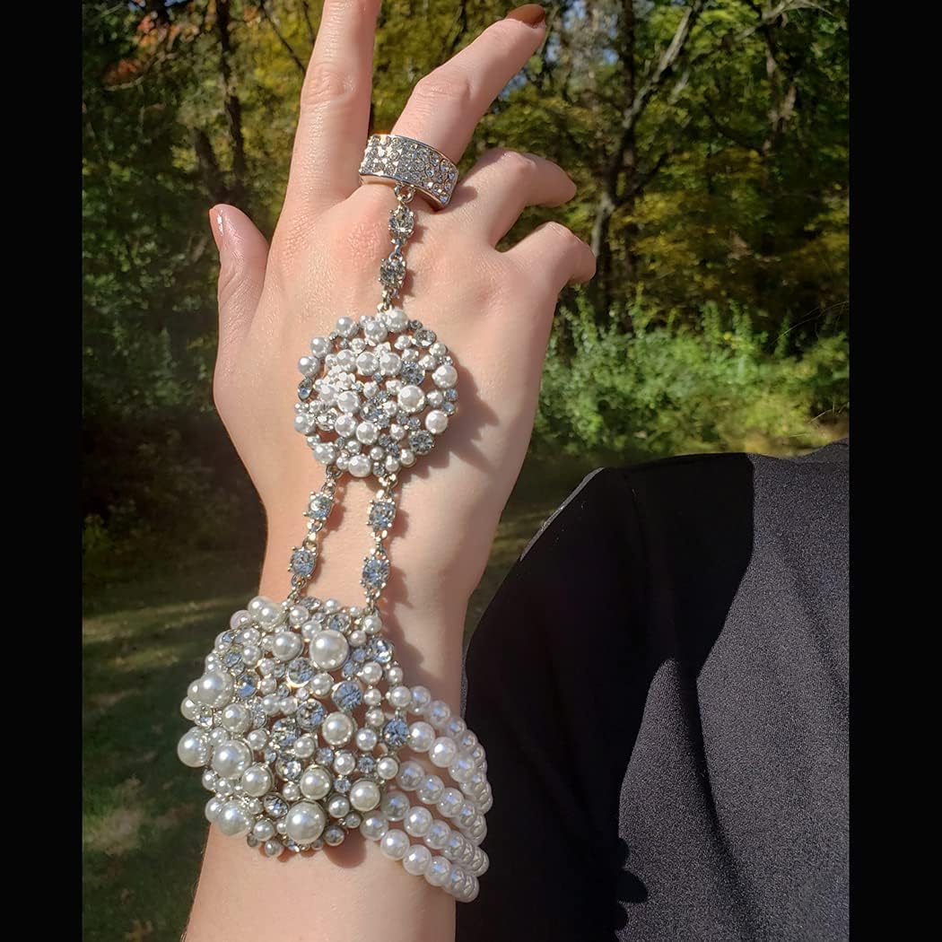 Rosemarie & Jubalee Women's Unique Circular Design Crystal Rhinestone And Simulated Pearl Stretch Bracelet Ring Bridal Hand Chain - Image 5