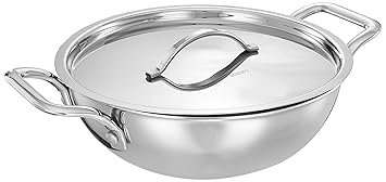 Amazon Brand - Solimo Tri-ply Stainless Steel Induction Base Kadhai with Steel lid (26cm, 3L)