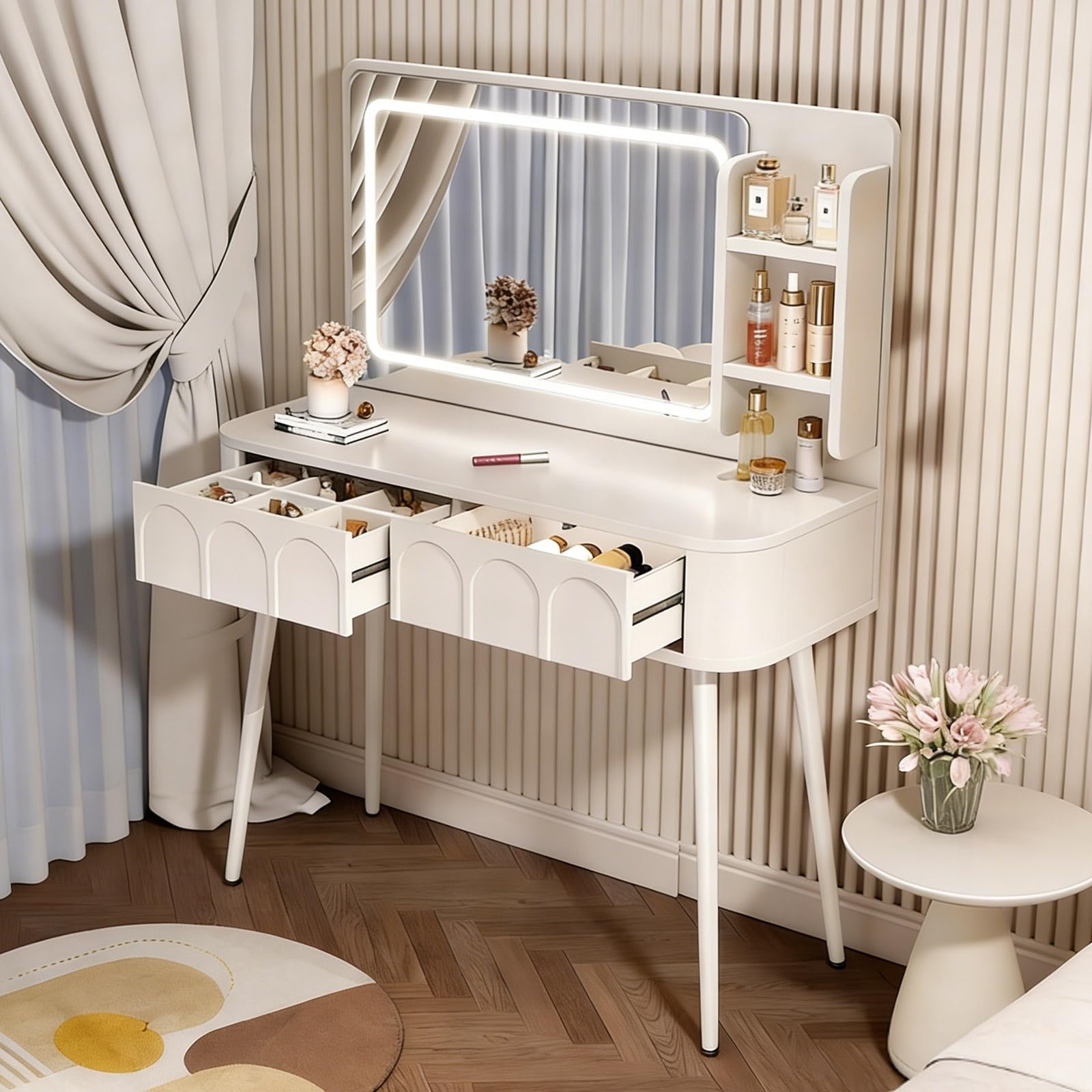 Tavolo da toeletta con luci a specchio, elegante scrivania con cassetti e mensola, ideale per piccoli spazi e organizzazione del trucco