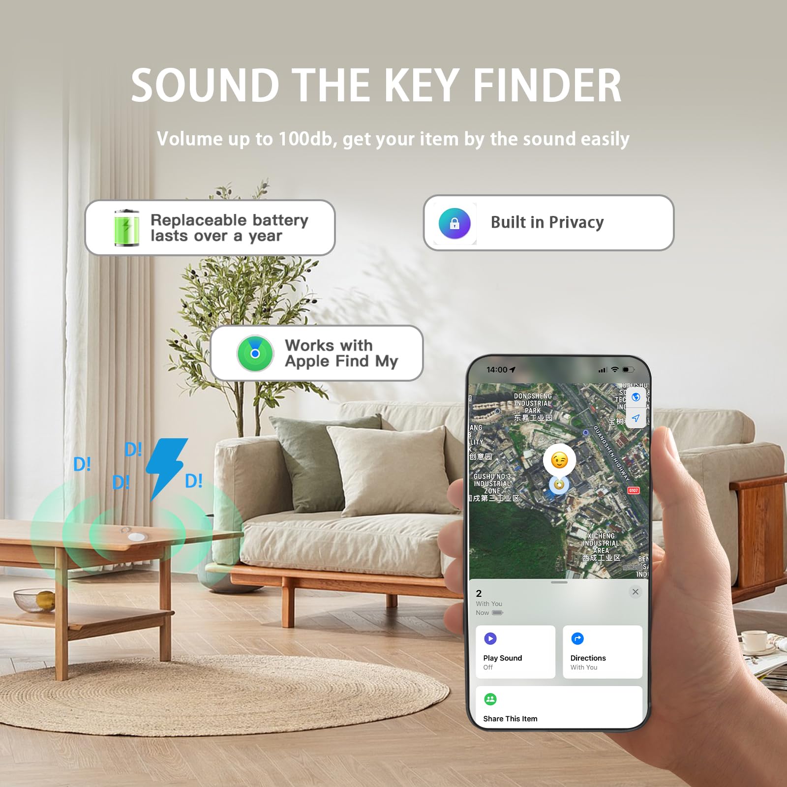 Localisateur de clés, traqueur Bluetooth avec porte-clés, étiquettes de suivi avec étui étanche IPX7, recherche d'articles fonctionne avec Find My (iOS uniquement) pour portefeuille, bagages,