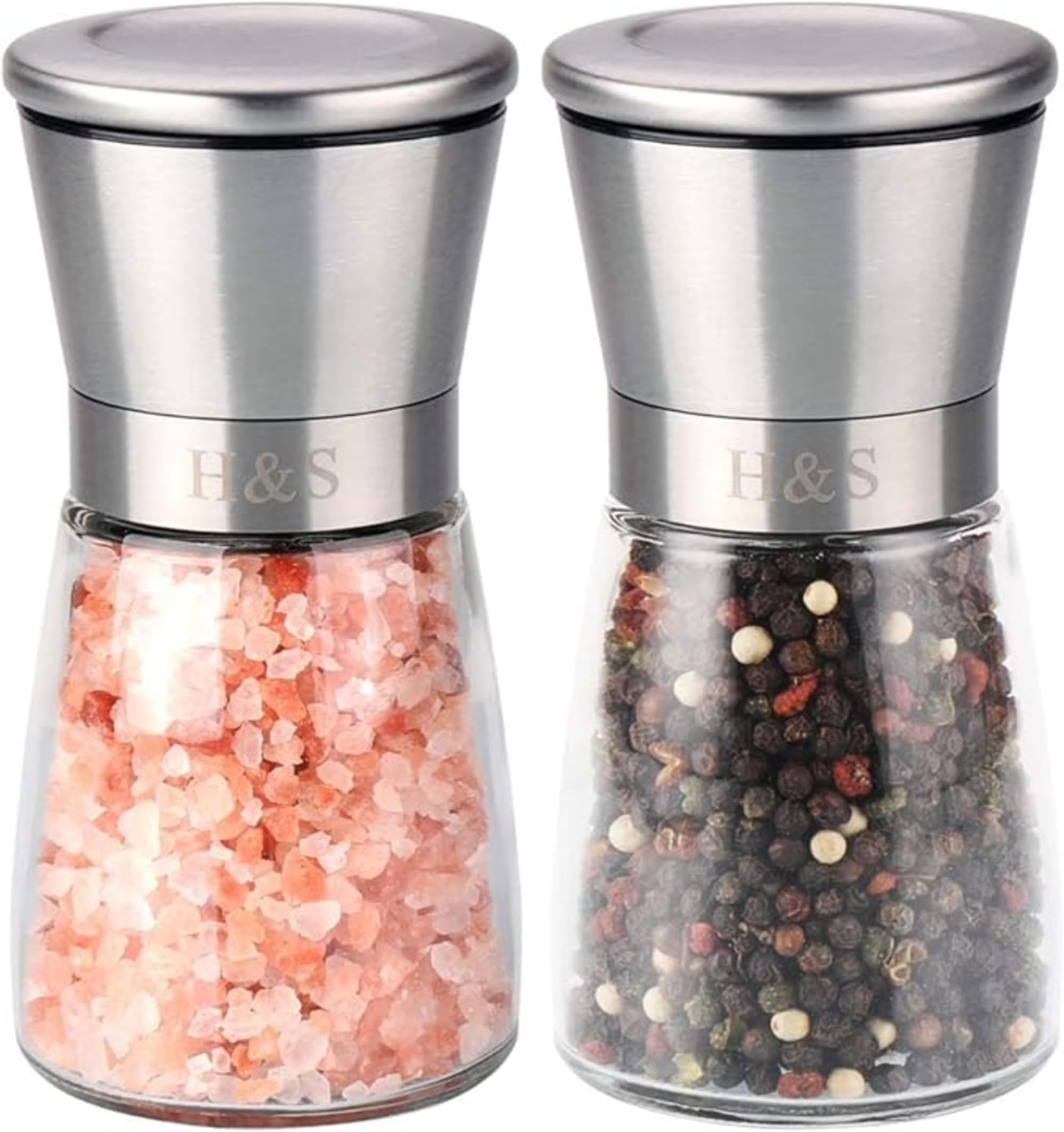 H&S Salt and Pepper Grinder Set - Manual Mill Grinders for Kitchen - Glass and Stainless Steel Spice Mills with Adjustable Coarseness - Easy to Use and Fill - Large Capacity