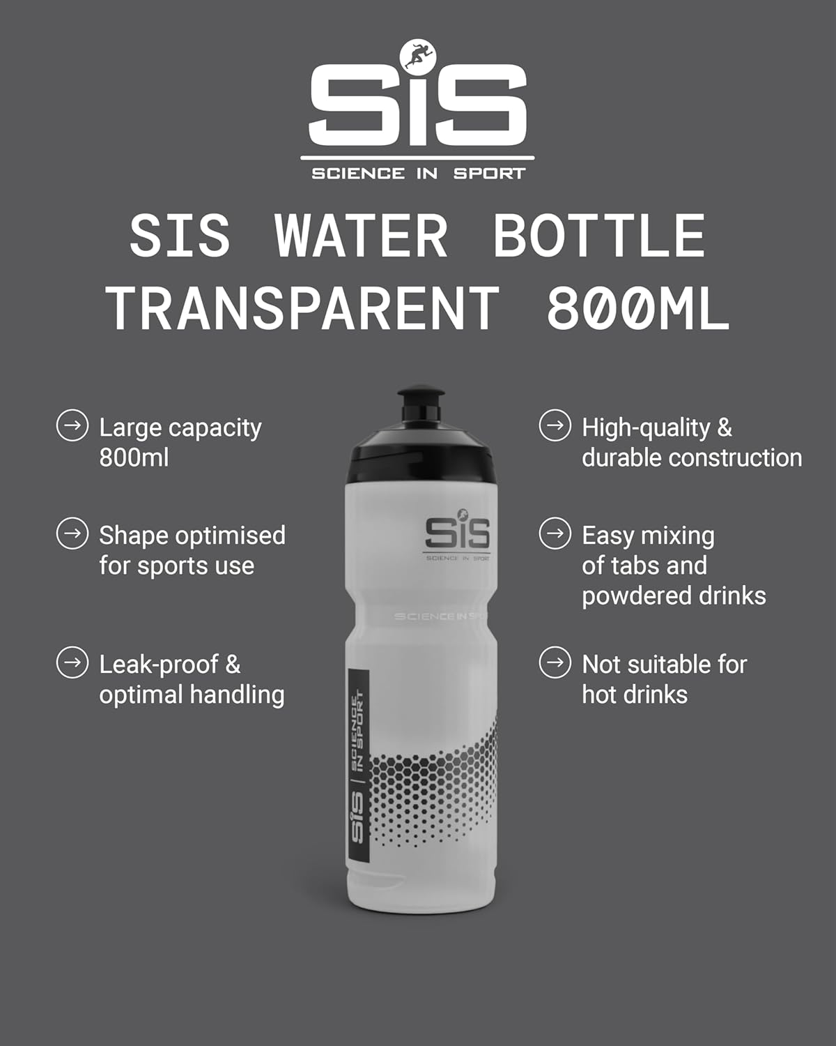Science in Sport SIS Clear Sports Water Bottle, Plastic Water Bottle, Black Logo, Transparent Colour, 800 ml — image 2