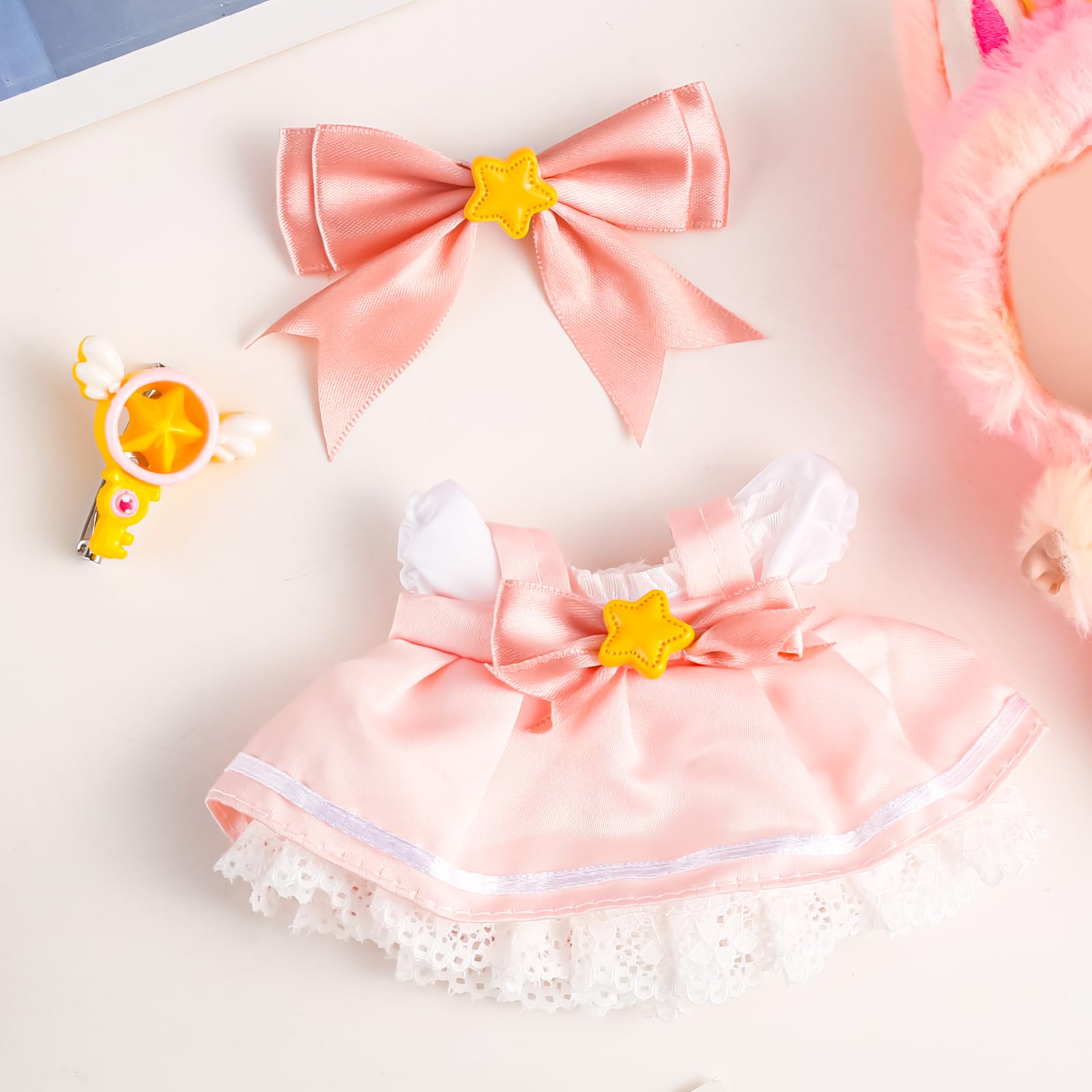 Chritice 4PCS Doll Clothes for Doll,Compatible with Labubu,Vinyl Plush Toy Outfit Set Accessories for 17CM Dolls,1 Tiara,Halter Dress,White Lined Dress & Magic Wand Clip,No Dolls - Image 2