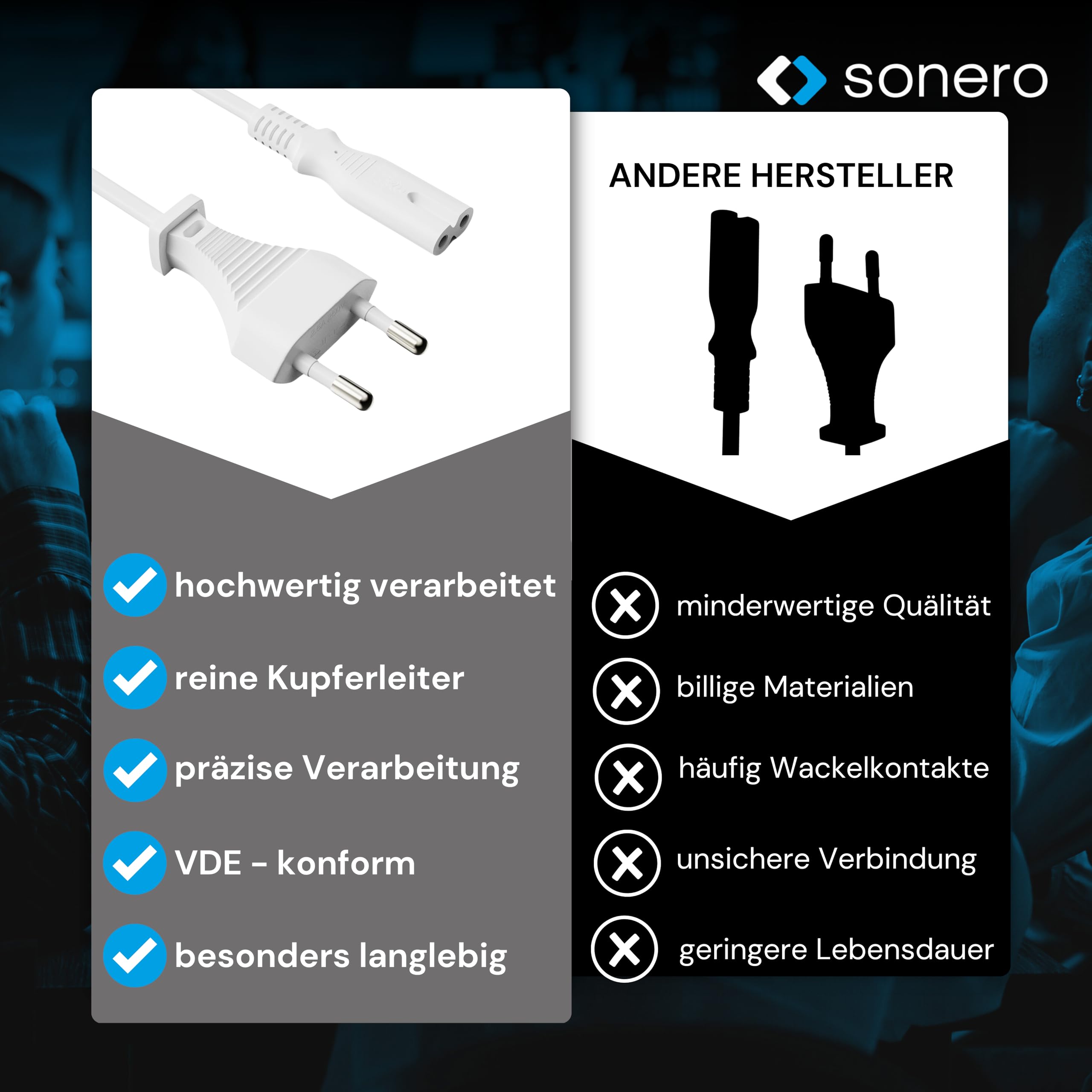 Sonero® Euro-Cavo di alimentazione, cavo di alimentazione per elettrodomestici, spina Euro a presa IEC C7, 3,00 m, bianco