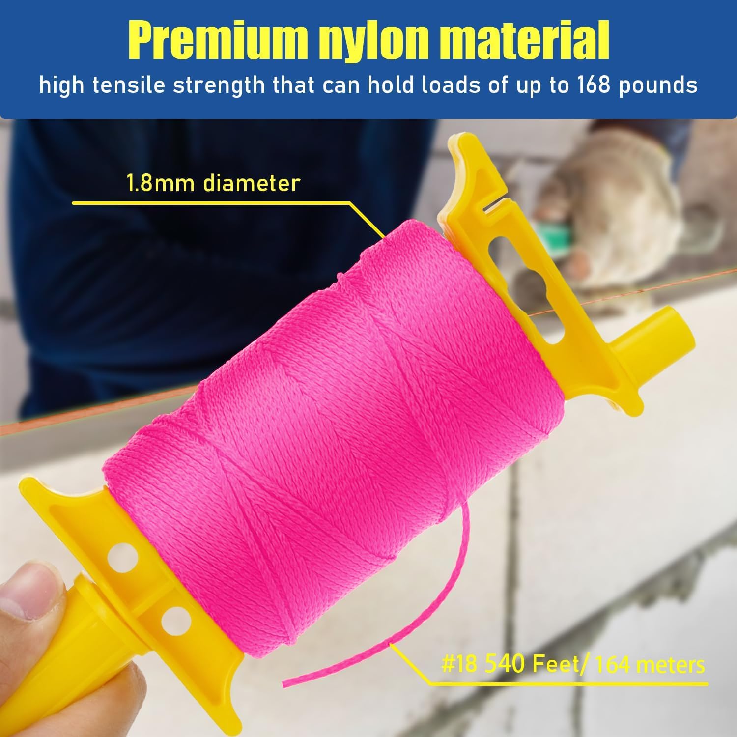 LURKA Mason Line String, #18 540 pies de construcción trenzada de nailon con 5 niveles integrados y carrete de cuerda rosa fluorescente para trabajos de precisión, bricolaje y proyectos de jardinería