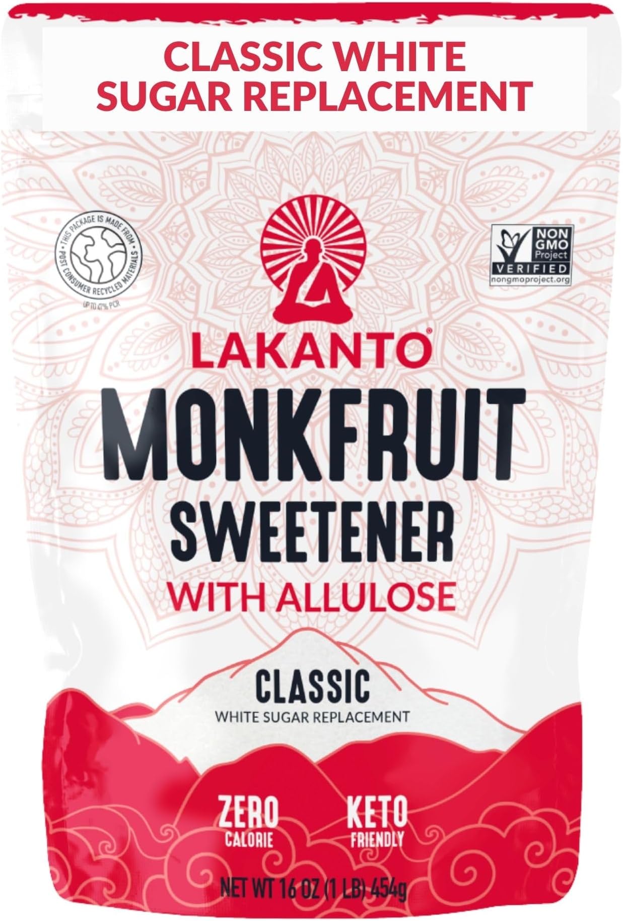 Lakanto Classic Monk Fruit Sweetener With Allulose, White Sugar Substitute From Monk Fruit Extract for Baking, Coffee & Tea, Gluten Free, Zero Calorie, Low Carb, Non GMO, Keto, Classic White (1 lb)