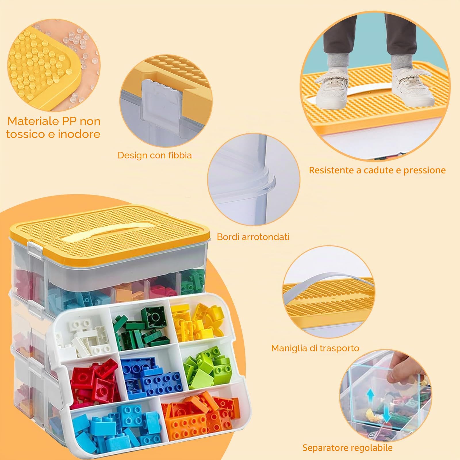 Contenitore per Giocattoli, Scatola di Immagazzinamento di Blocchi da Costruzione per Bambini con Coperchio, 3 Strati Scatole Plastica Impilabili Trasparenti con Scomparti per Riporre (Giallo)