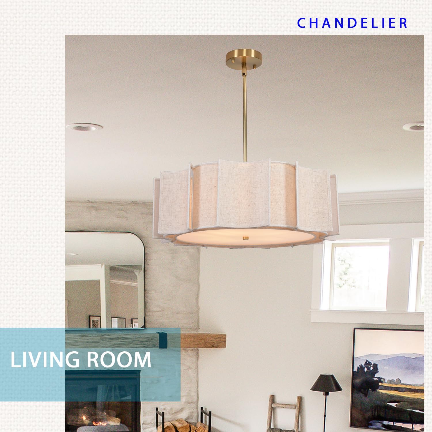 20.05" Farmhouse Chandelier Light Fixture 4-Lights Drum Chandelier for Dining Room Vintage Modern Chandelier with Linen Shade Retro Kitchen Island Lighting Height Adjustable Coastal Pendant Light