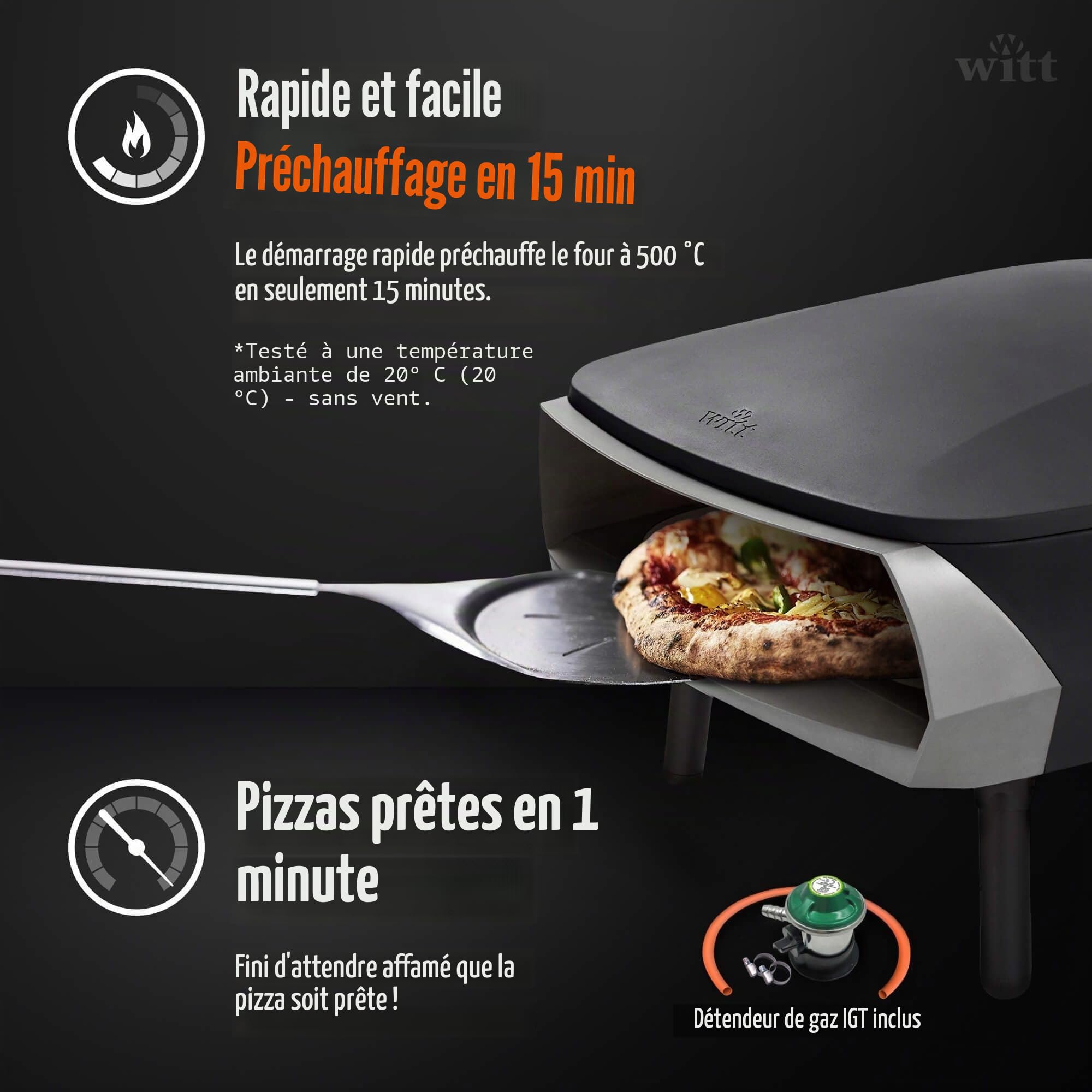 WITT Four à pizza à gaz WITT ETNA ROTANTE pour pizza napolitaine et en teglia, lasagne PIETRA GIREVOLE ROTANTE AUTOMATIQUE (NOIR)